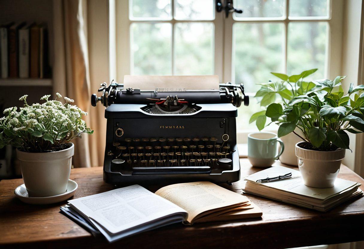 A cozy, inviting workspace filled with soft lighting, a vintage typewriter, and scattered letters, symbolizing connection and communication. Show a cup of steaming tea atop a whimsical stack of journals, each one opened to a heartfelt entry. Incorporate elements of nature, like a small potted plant and sunlight streaming through a window, to evoke warmth and intimacy. Soft, pastel color palette. painting. intimate atmosphere.