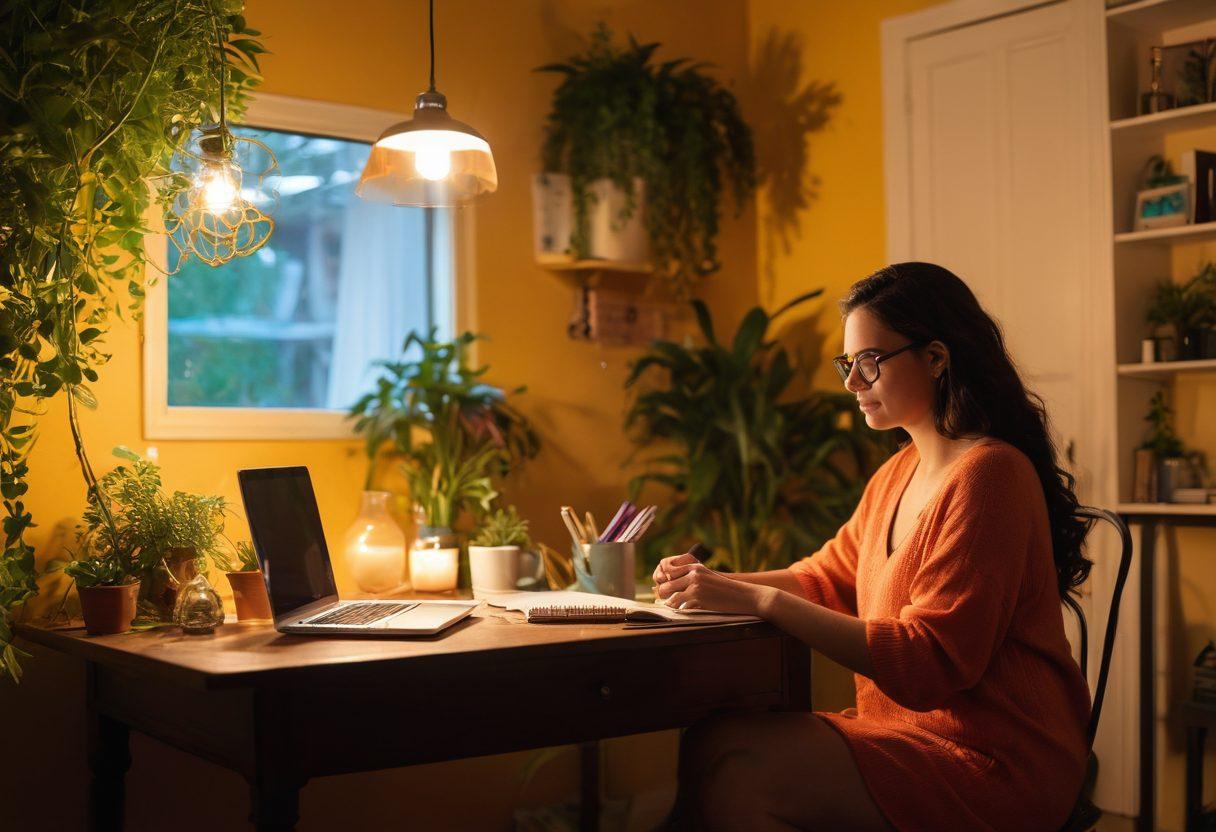 A captivating scene illustrating a diverse group of bloggers engaged in a vibrant discussion about adult content creation. Incorporate soft, warm lighting to evoke intimacy, with tasteful decorations symbolizing sensuality around them. Show laptops and notebooks filled with creative ideas, emphasizing a balance of professionalism and personal expression. Include elements like playful artwork or plants to add depth and warmth to the setting. soft focus. vibrant colors. cozy atmosphere.