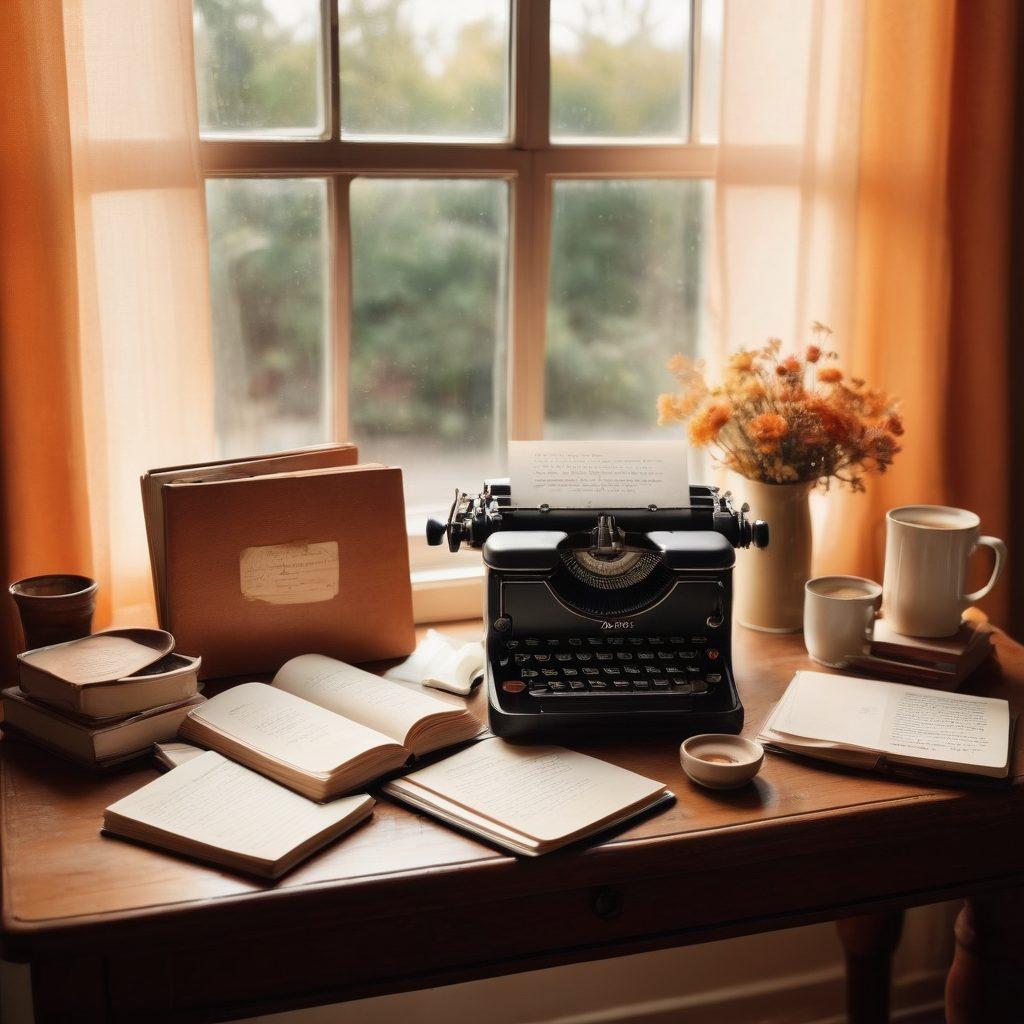 A cozy, inviting workspace filled with a vintage typewriter, open notebooks, and warm sunlight filtering through a window. A steaming cup of coffee sits nearby, alongside personal relationship mementos like photos and love letters, symbolizing intimacy. The backdrop features a digital diary on a laptop with soft glows from the screen, portraying the blend of traditional journaling and modern blogging. The atmosphere is warm and contemplative, suggesting the journey of self-exploration through words. super-realistic. warm colors. soft focus.